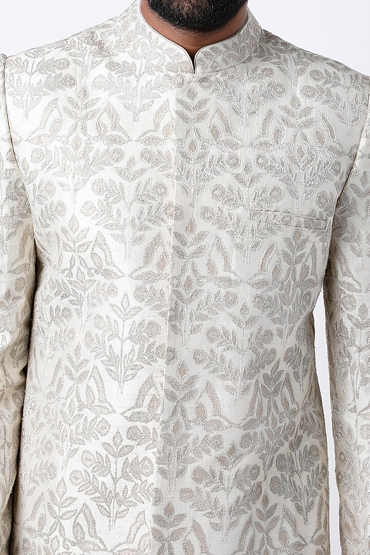 Off-White Dupion Silk Groom Sherwani by Dev R Nil Men at Pernia's Pop Up Shop