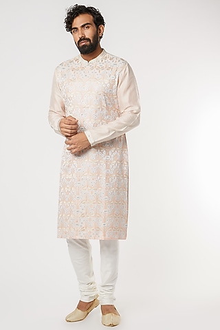Peach Pink Floral Embroidered Kurta by Dev R Nil Men