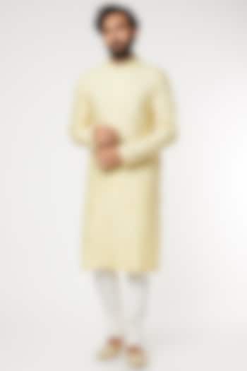 Pale Yellow Floral Thread Embroidered Kurta by Dev R Nil Men