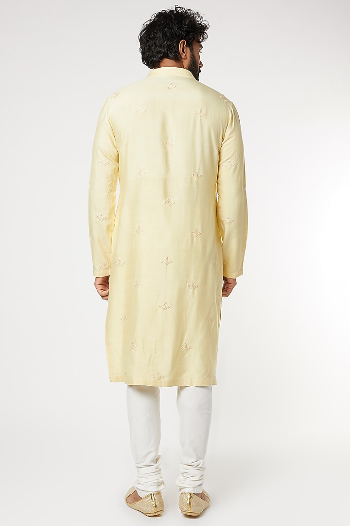 Pale Yellow Cotton Silk Floral Thread Embroidered Kurta by Dev R Nil Men at Pernia's Pop Up Shop