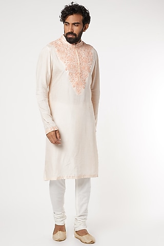 Light Peach Pink Hand Embroidered Kurta by Dev R Nil Men