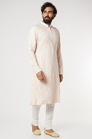 Light Peach Thread Embroidered Kurta by Dev R Nil Men