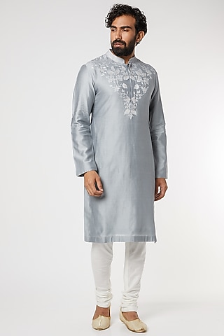 Grey Thread Embroidered Kurta by Dev R Nil Men