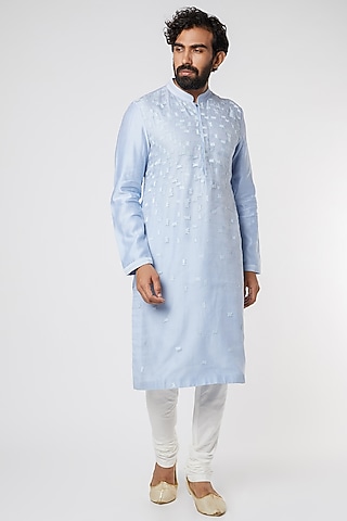 Sky Blue Thread Embroidered Kurta by Dev R Nil Men