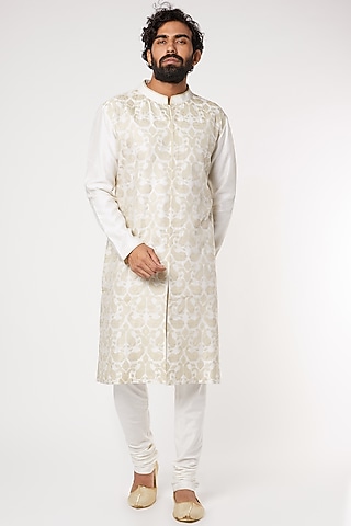 Off White Chanderi & Tissue Kurta by Dev R Nil Men