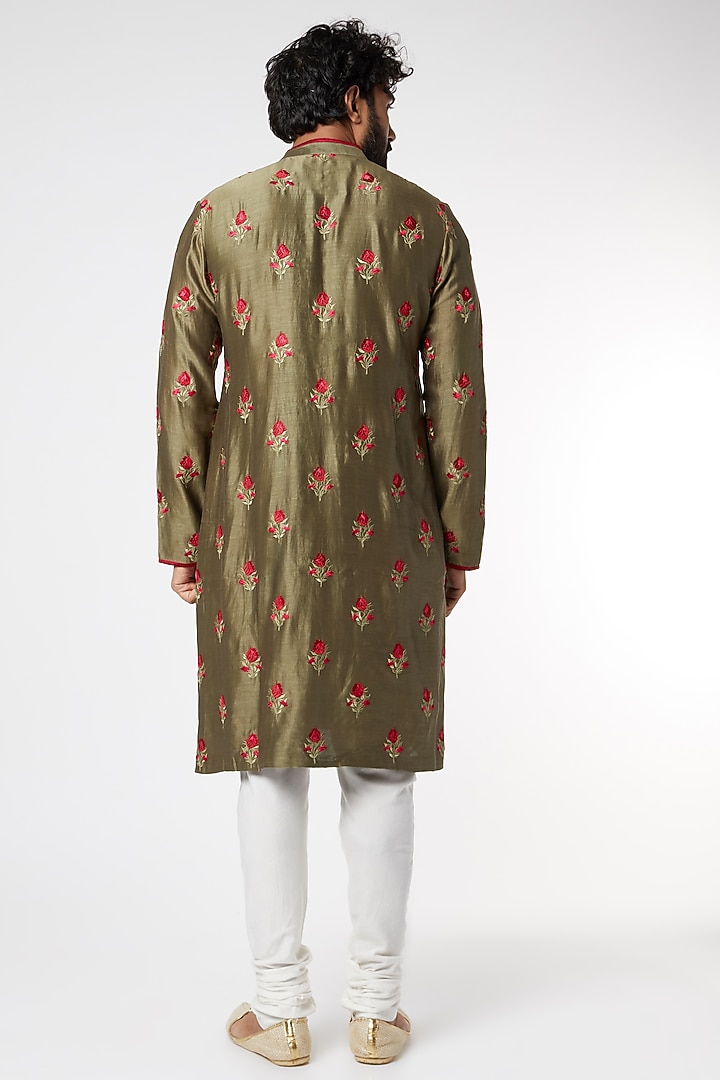 Olive Green Chanderi Thread Embroidered Kurta by Dev R Nil Men at Pernia's Pop Up Shop