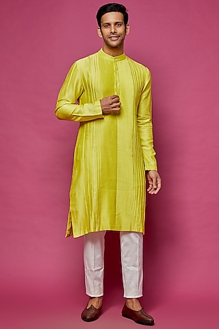 Neon Green Chanderi Silk Pintucked Kurta by Dev R Nil Men