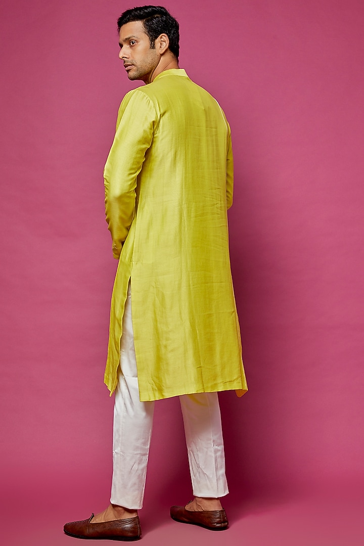 Neon Green Chanderi Silk Pintucked Kurta by Dev R Nil Men at Pernia's Pop Up Shop