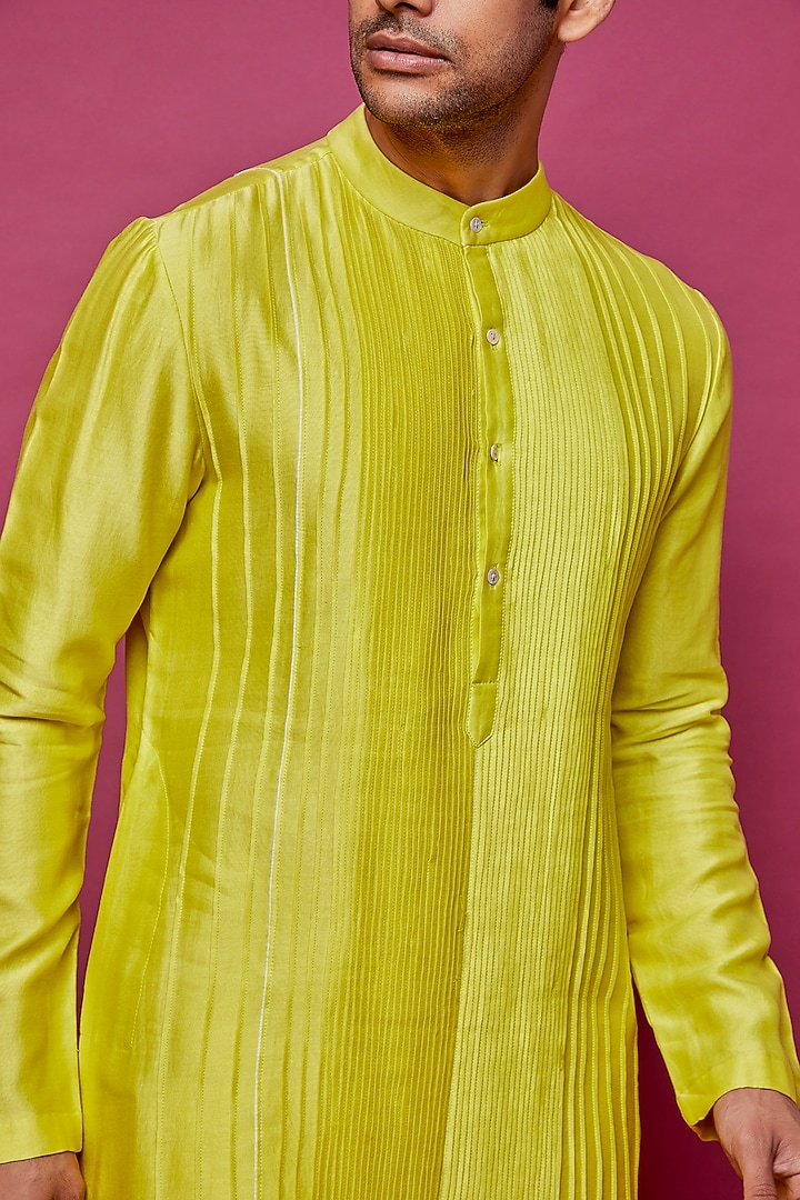 Neon Green Chanderi Silk Pintucked Kurta by Dev R Nil Men at Pernia's Pop Up Shop