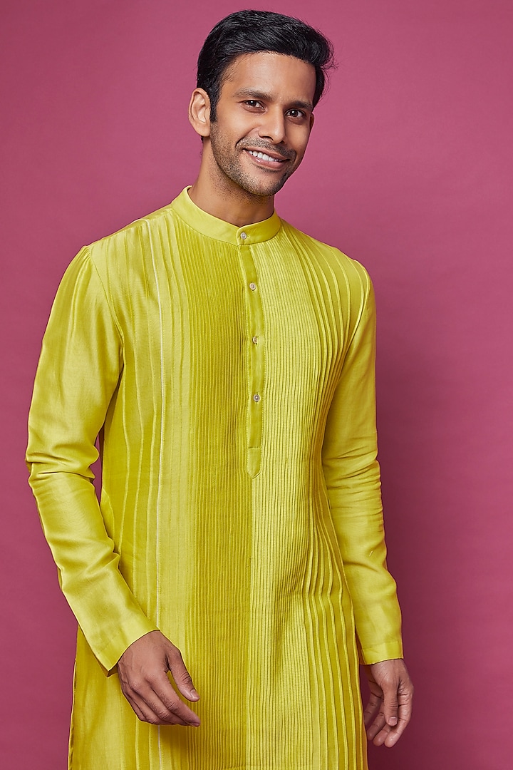 Neon Green Chanderi Silk Pintucked Kurta by Dev R Nil Men at Pernia's Pop Up Shop