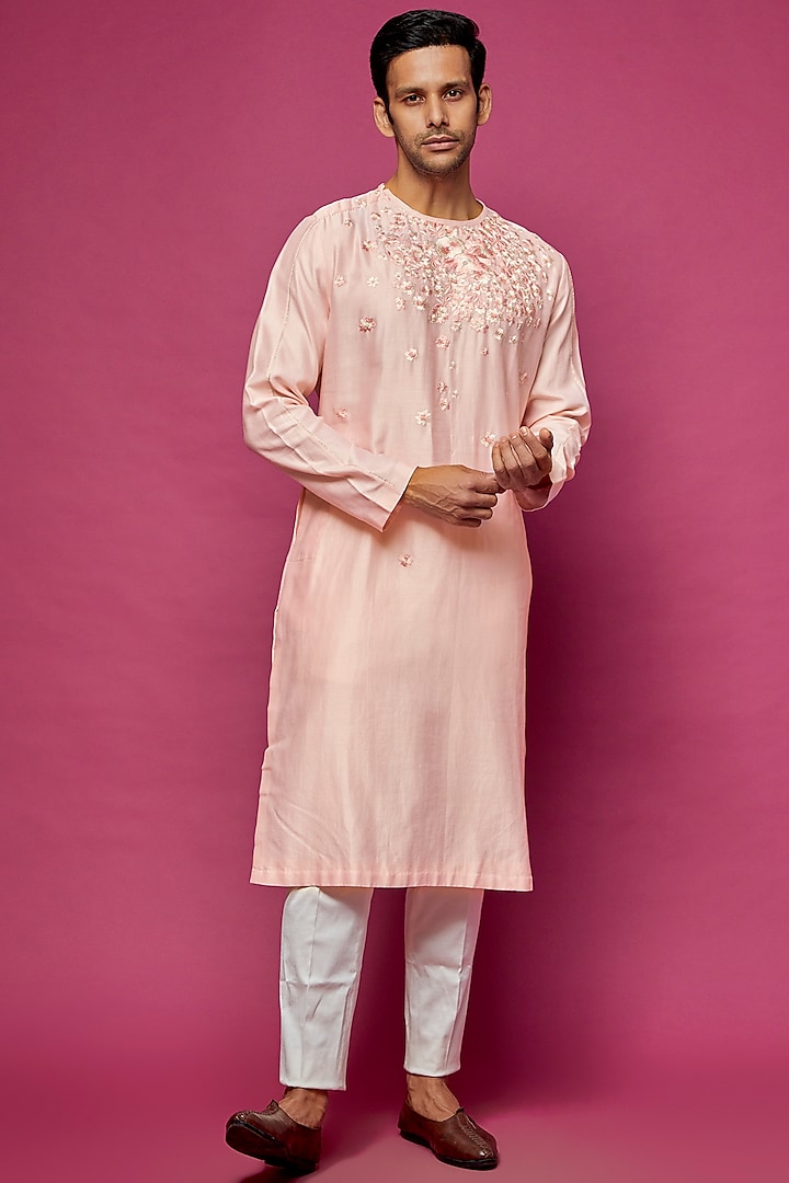 Light Pink Chanderi Silk Kurta by Dev R Nil Men