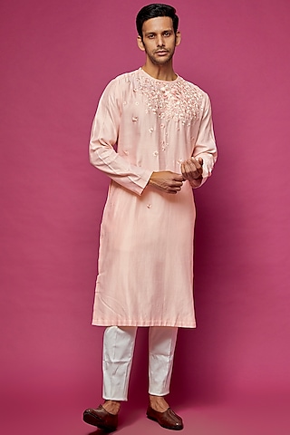 Light Pink Chanderi Silk Kurta by Dev R Nil Men