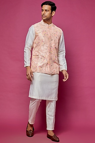 Peach-Pink Dupion Silk Hand Painted Waistcoat by Dev R Nil Men