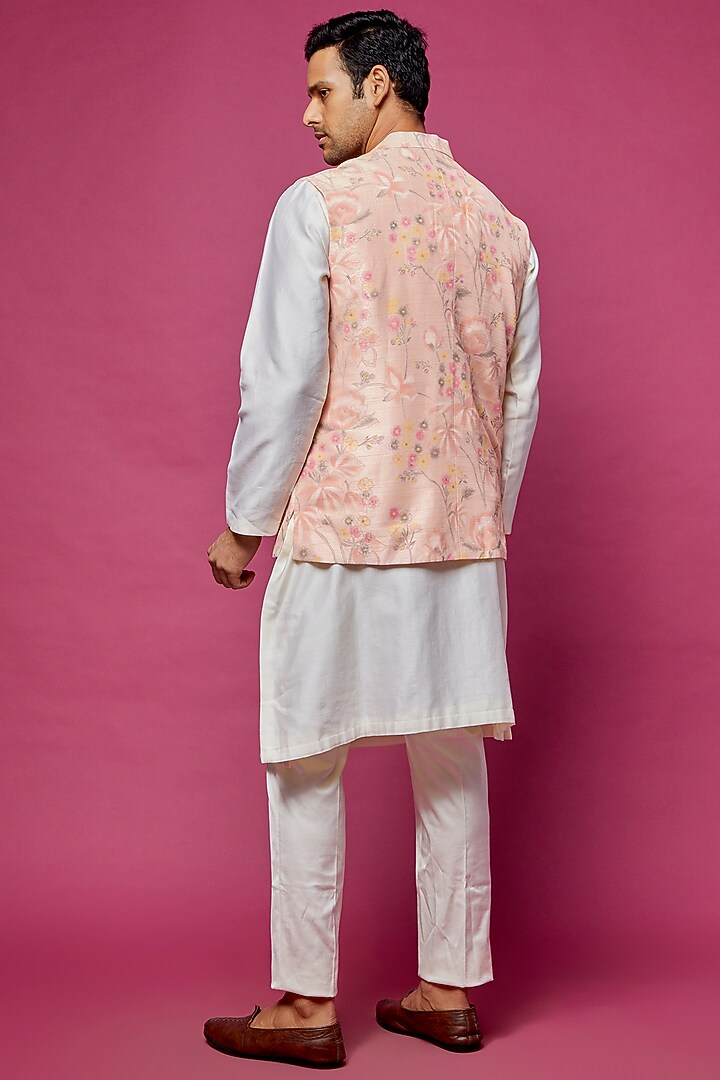 Peach-Pink Dupion Silk Hand Painted Waistcoat by Dev R Nil Men at Pernia's Pop Up Shop