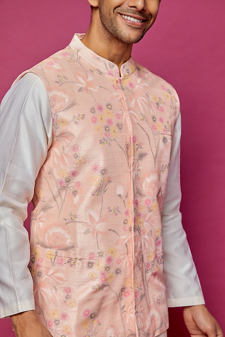Peach-Pink Dupion Silk Hand Painted Waistcoat by Dev R Nil Men at Pernia's Pop Up Shop
