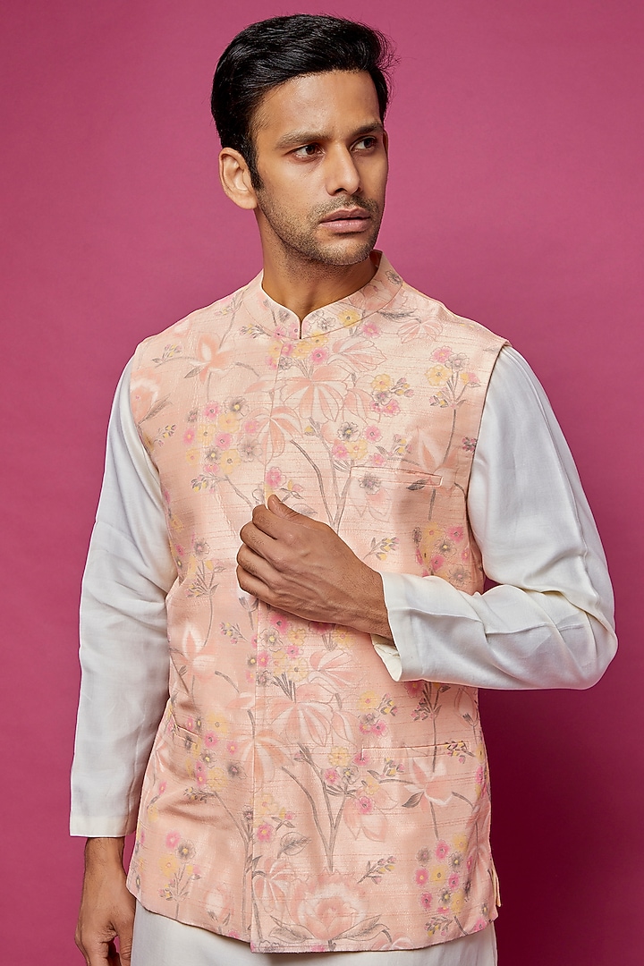 Peach-Pink Dupion Silk Hand Painted Waistcoat by Dev R Nil Men at Pernia's Pop Up Shop