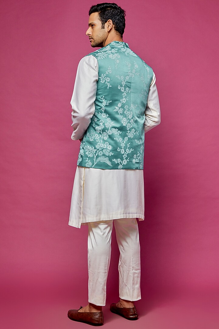 Blue Satin Handpainted Bundi Jacket by Dev R Nil Men at Pernia's Pop Up Shop