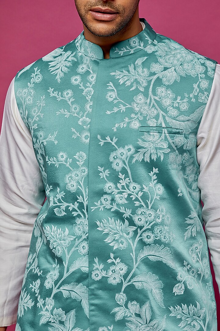 Blue Satin Handpainted Bundi Jacket by Dev R Nil Men at Pernia's Pop Up Shop