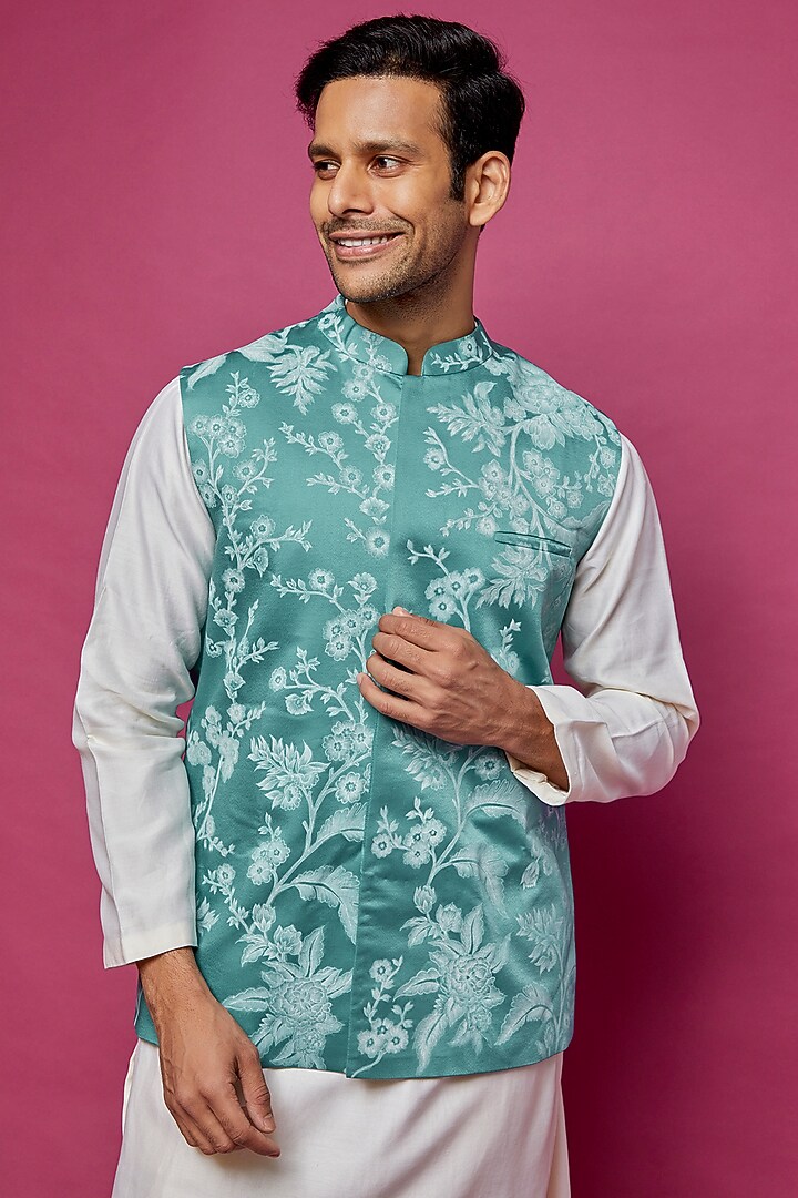 Blue Satin Handpainted Bundi Jacket by Dev R Nil Men at Pernia's Pop Up Shop
