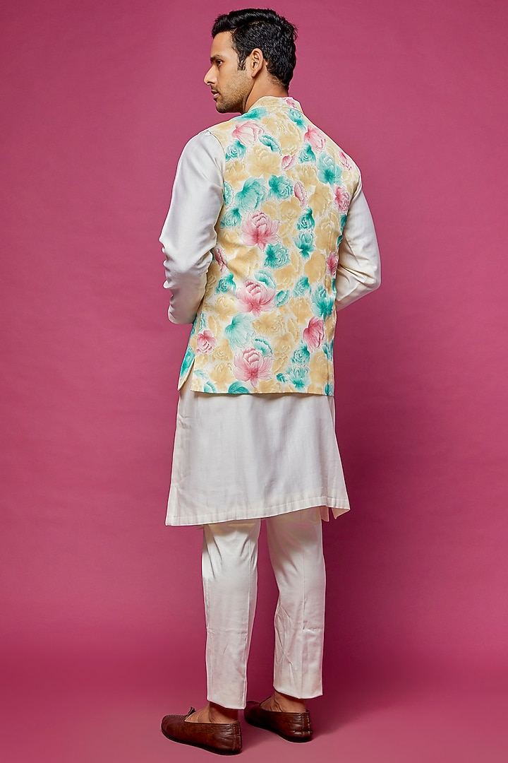 Multi-Colored Dupion Silk Handpainted Bundi Jacket by Dev R Nil Men at Pernia's Pop Up Shop