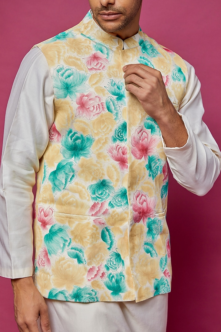 Multi-Colored Dupion Silk Handpainted Bundi Jacket by Dev R Nil Men at Pernia's Pop Up Shop