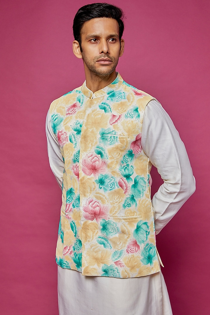 Multi-Colored Dupion Silk Handpainted Bundi Jacket by Dev R Nil Men at Pernia's Pop Up Shop