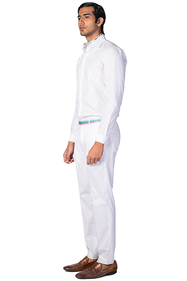 White Cotton Satin Lycra Pant Set by Dev R Nil Men at Pernia's Pop Up Shop