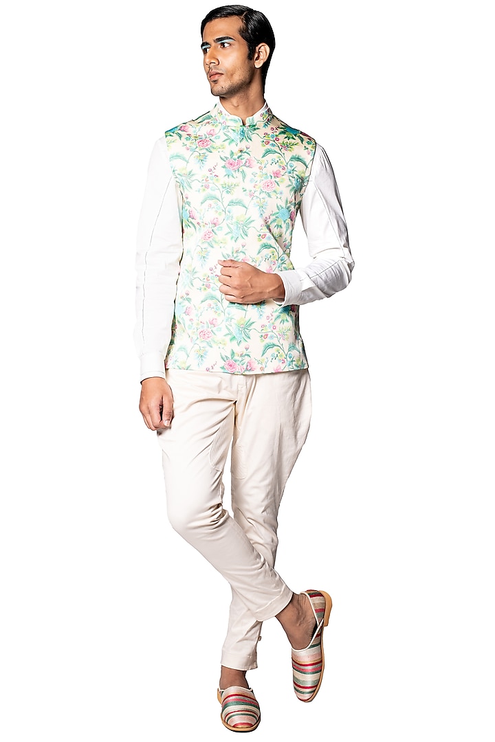 White Pant Set With Multi Colored Bundi Jacket by Dev R Nil Men