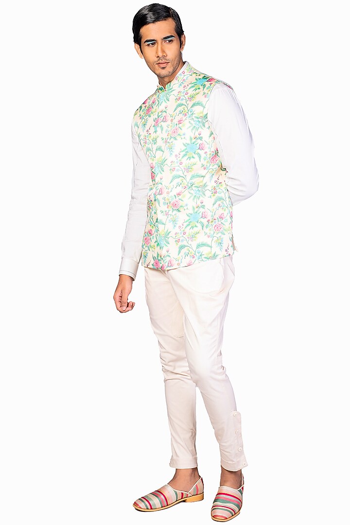 Multi-Colored Satin Handpainted Bundi Jacket Set by Dev R Nil Men at Pernia's Pop Up Shop