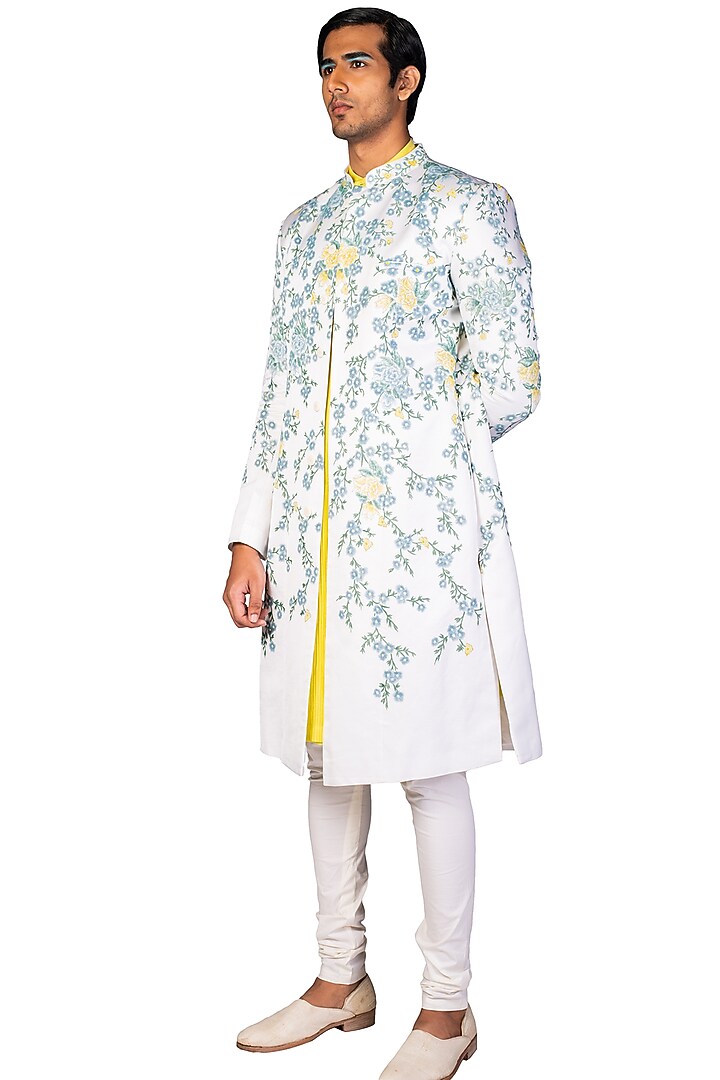 Off White Hand Painted Groom Sherwani Set by Dev R Nil Men at Pernia's Pop Up Shop