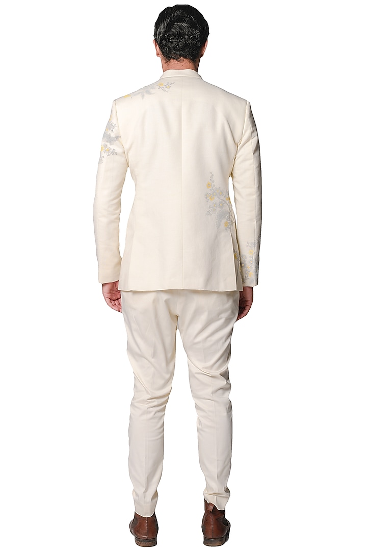Off White Hand Painted Wedding Bandhgala Set by Dev R Nil Men at Pernia's Pop Up Shop