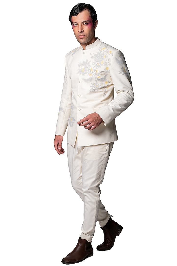 Off White Hand Painted Wedding Bandhgala Set by Dev R Nil Men at Pernia's Pop Up Shop