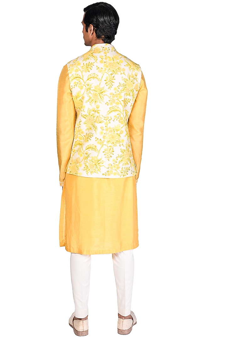 Off-White Silk Hand Painted Bundi Jacket Set by Dev R Nil Men at Pernia's Pop Up Shop