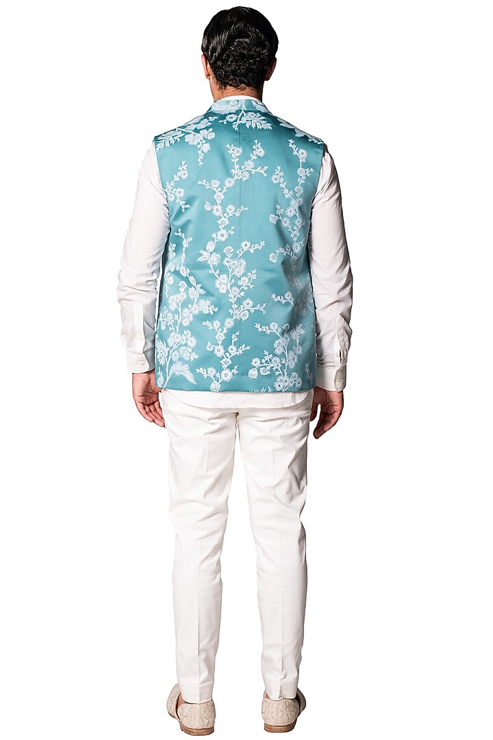 Teal Satin Handpainted Bundi Jacket Set by Dev R Nil Men at Pernia's Pop Up Shop