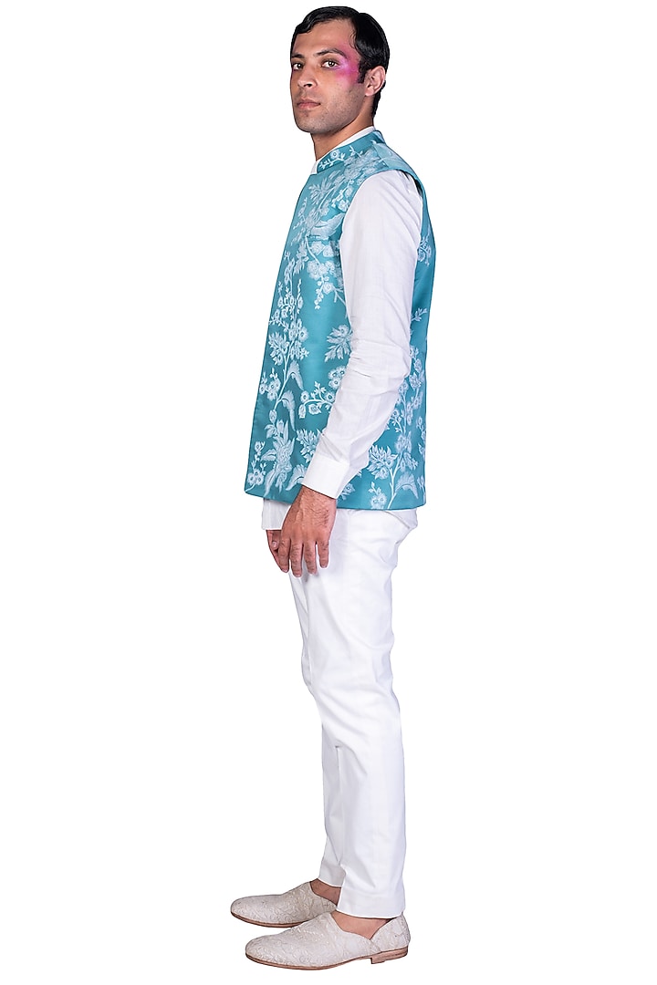 Teal Satin Handpainted Bundi Jacket Set by Dev R Nil Men at Pernia's Pop Up Shop