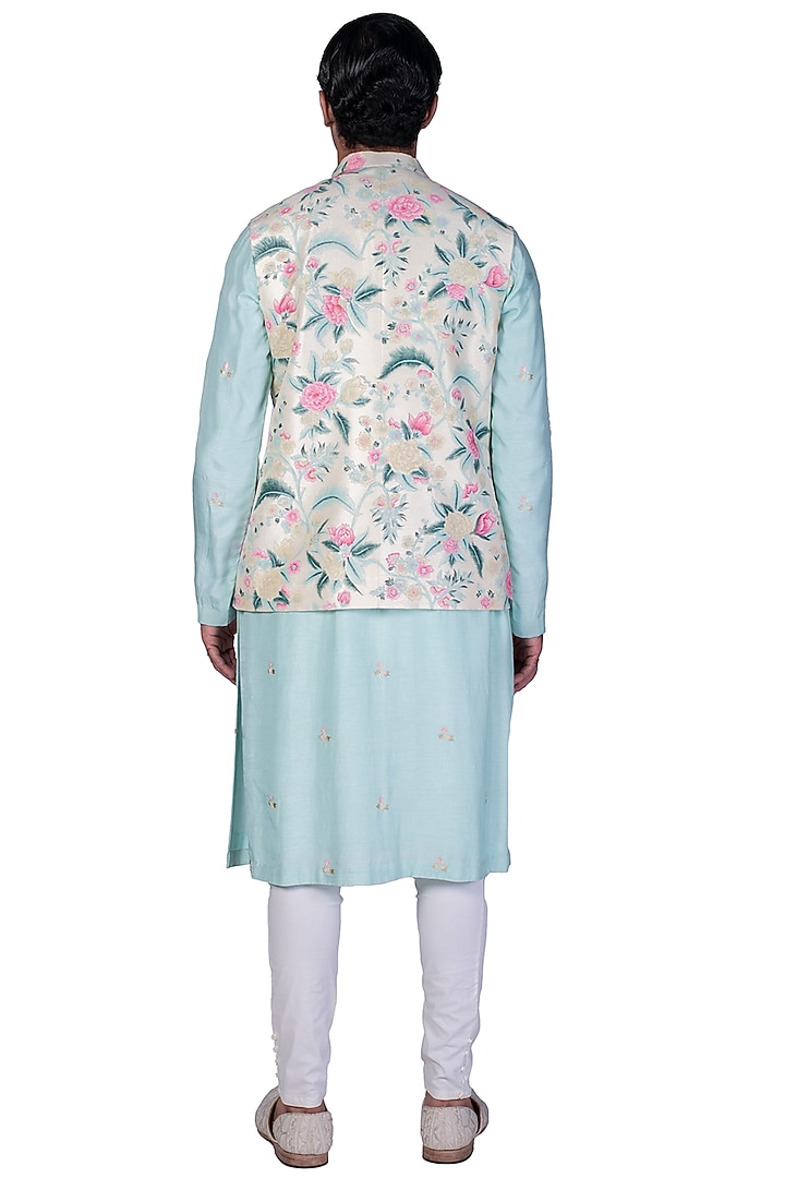 Light Yellow Silk Hand Painted Bundi Jacket Set by Dev R Nil Men at Pernia's Pop Up Shop