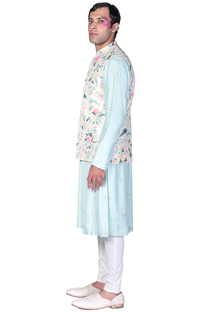 Light Yellow Silk Hand Painted Bundi Jacket Set by Dev R Nil Men at Pernia's Pop Up Shop