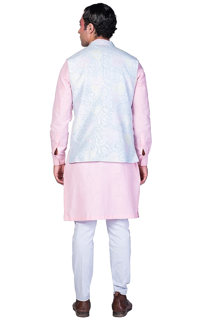 Rose Pink Kurta Set With Hand Painted Bundi Jacket by Dev R Nil Men at Pernia's Pop Up Shop