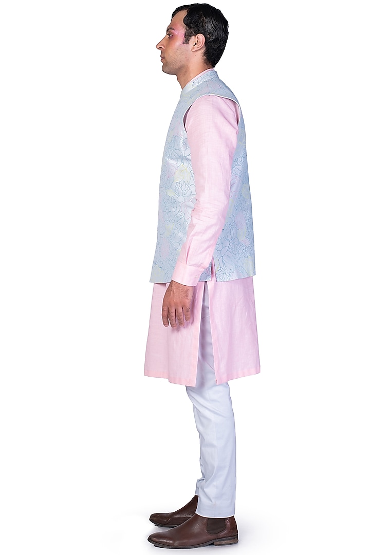 Rose Pink Kurta Set With Hand Painted Bundi Jacket by Dev R Nil Men at Pernia's Pop Up Shop
