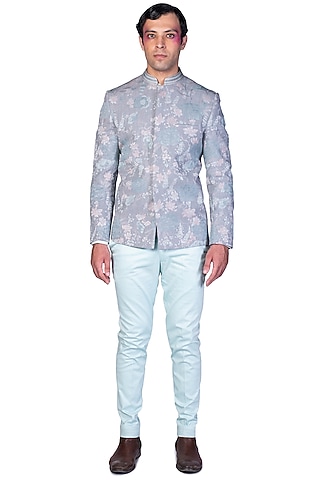 Mint Pant Set With Khadi Bandhgala Jacket by Dev R Nil Men
