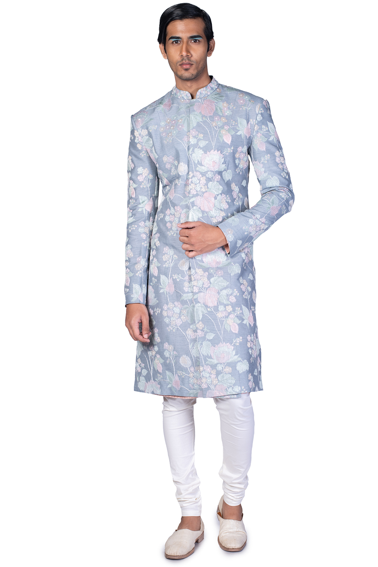 Grey Groom Sherwani Set With Thread Work by Dev R Nil Men at Pernia's Pop Up Shop