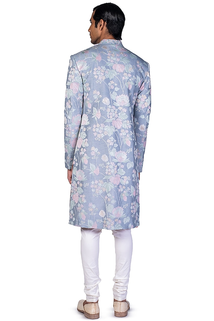 Grey Groom Sherwani Set With Thread Work by Dev R Nil Men at Pernia's Pop Up Shop