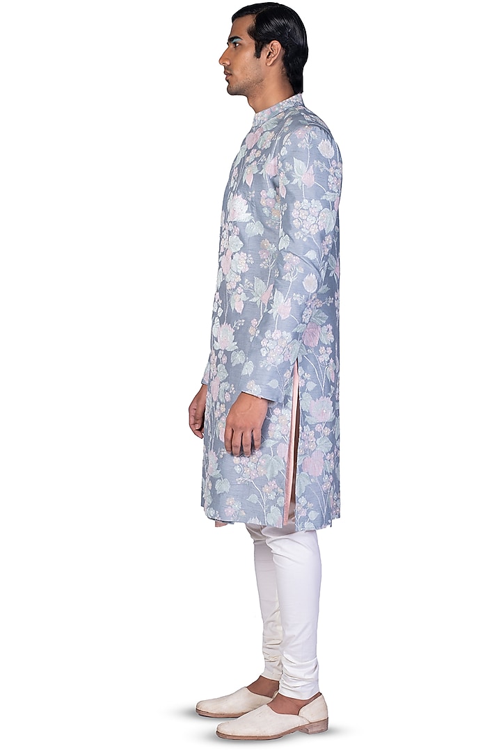 Grey Groom Sherwani Set With Thread Work by Dev R Nil Men at Pernia's Pop Up Shop
