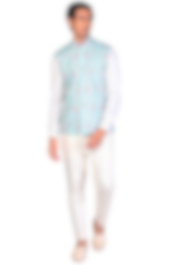 White Pant Set With Embroidered Bundi Jacket by Dev R Nil Men