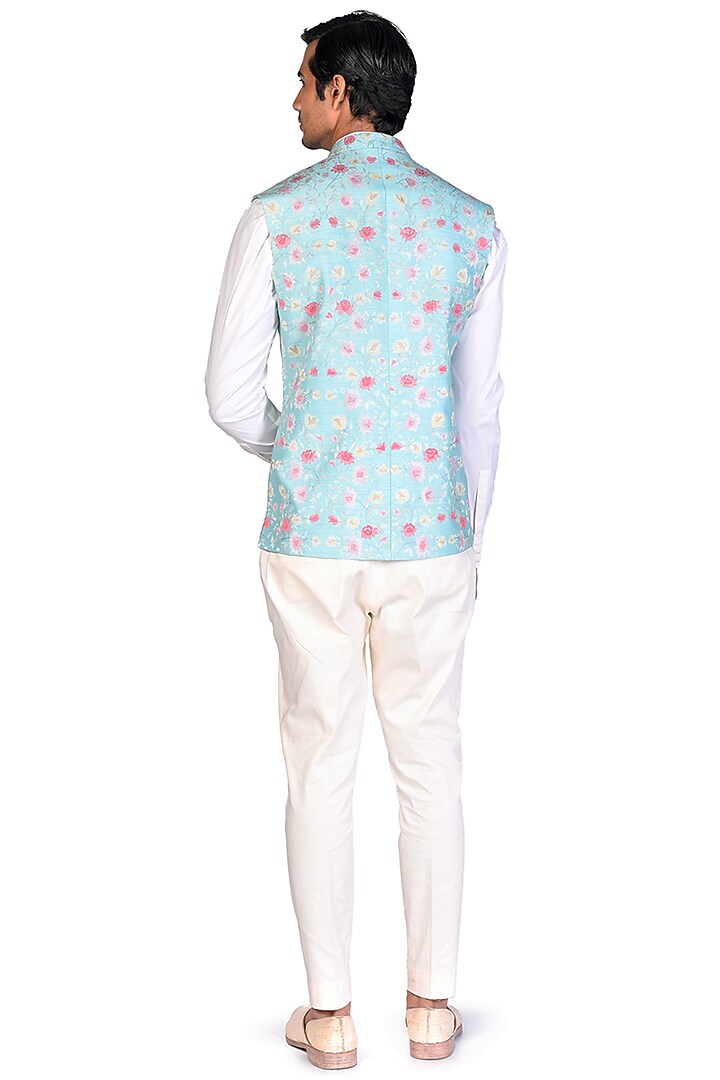 Mint Silk Embroidered Bundi Jacket Set by Dev R Nil Men at Pernia's Pop Up Shop