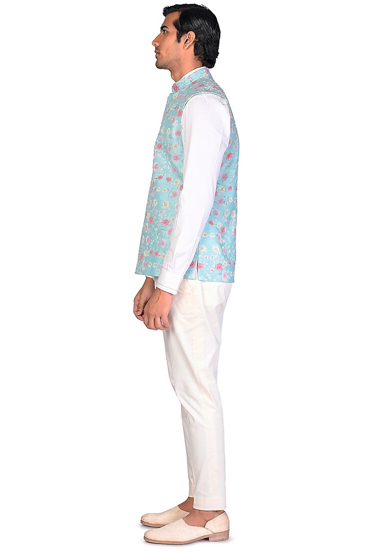Mint Silk Embroidered Bundi Jacket Set by Dev R Nil Men at Pernia's Pop Up Shop