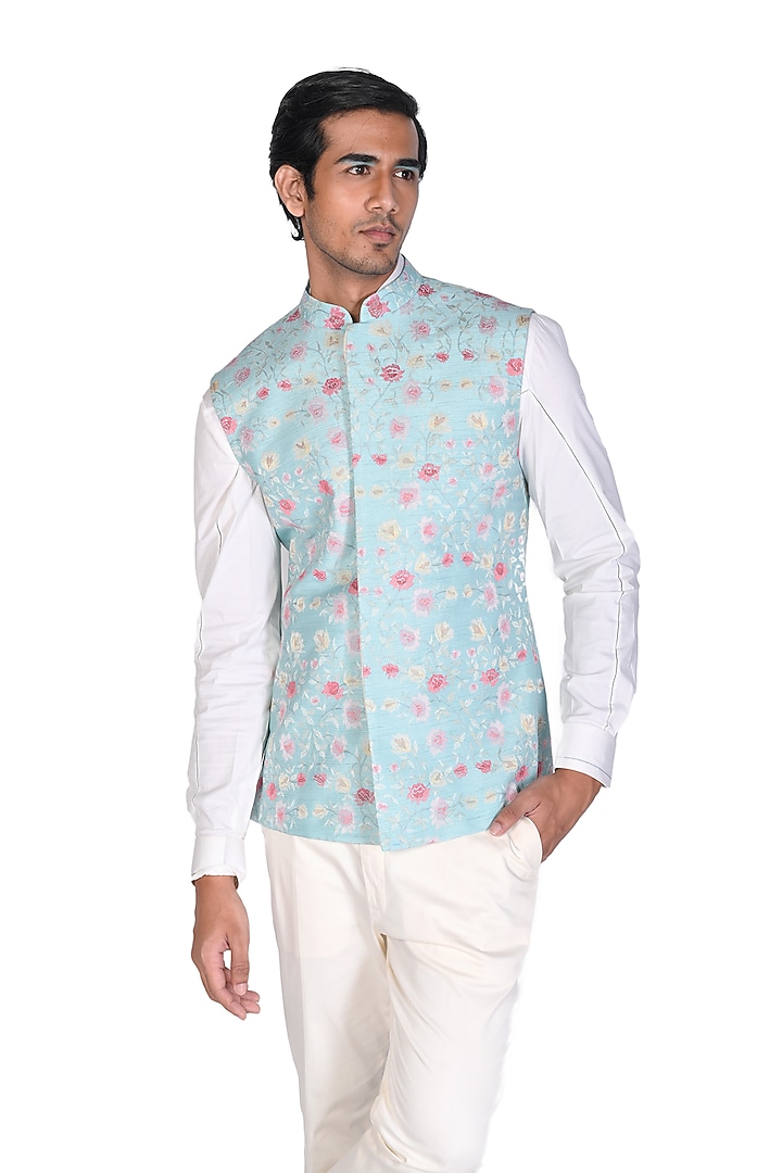 Mint Silk Embroidered Bundi Jacket Set by Dev R Nil Men at Pernia's Pop Up Shop