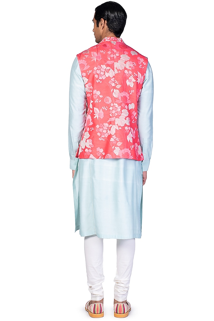 Coral Silk Thread Work Bundi Jacket Set by Dev R Nil Men at Pernia's Pop Up Shop