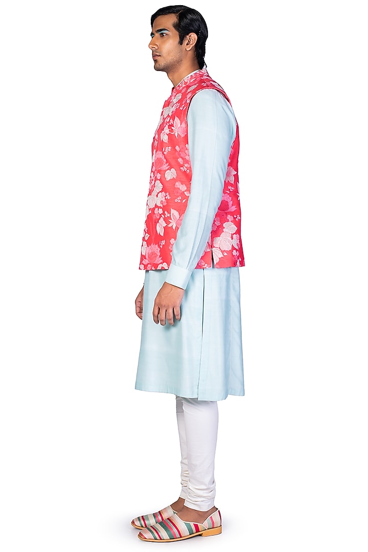 Coral Silk Thread Work Bundi Jacket Set by Dev R Nil Men at Pernia's Pop Up Shop