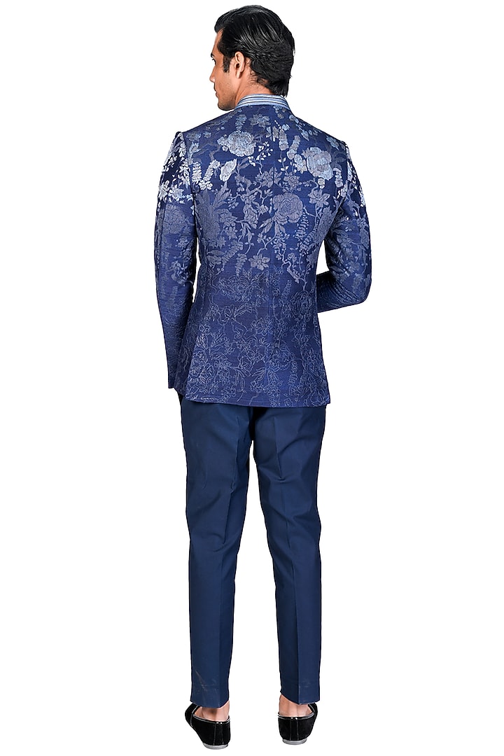 Navy Blue Wedding Bandhgala Set With Thread Work by Dev R Nil Men at Pernia's Pop Up Shop